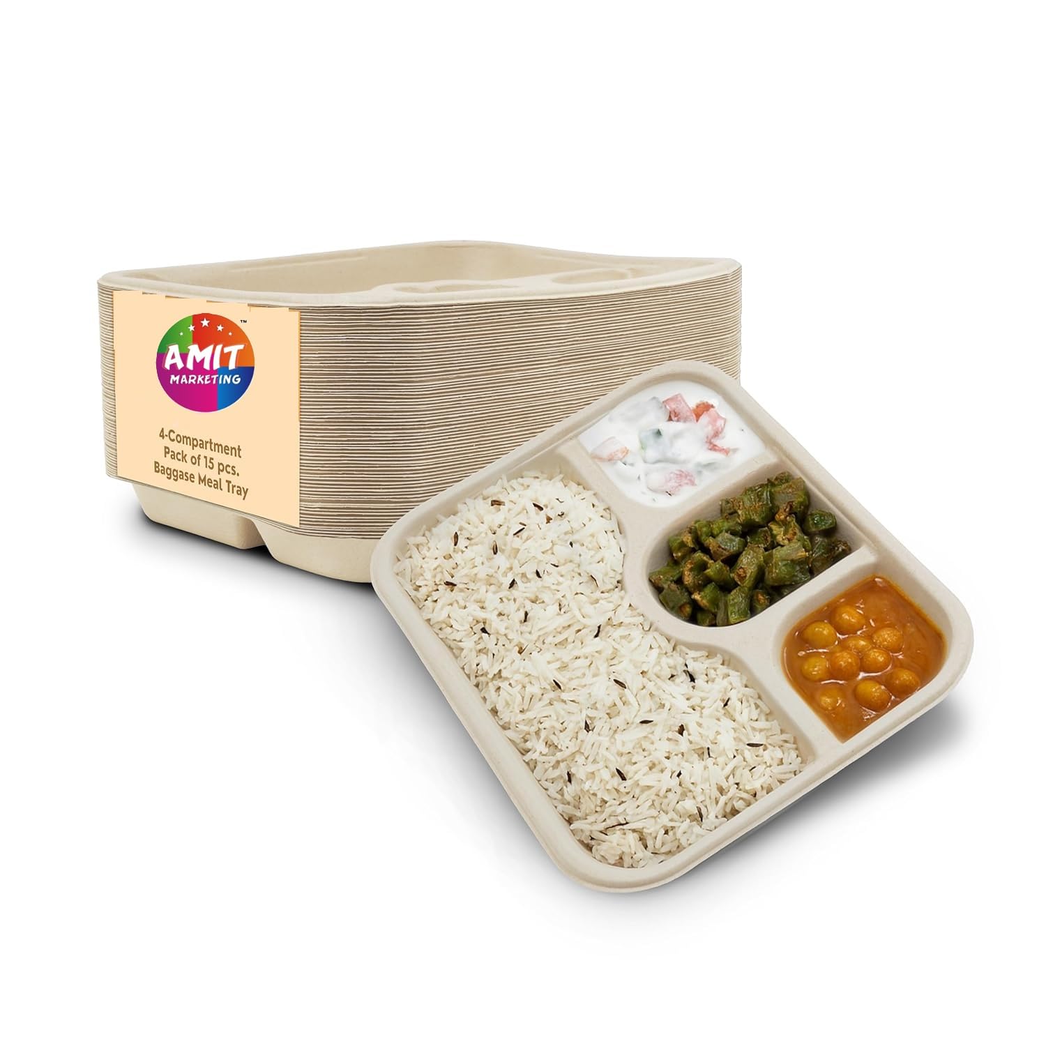 Amit Marketing 4 Compartment Square Disposable Plates | Heavy-Duty